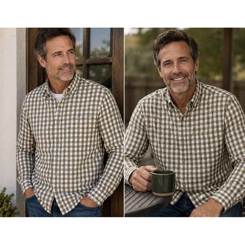 Magellan Outdoors Mens Classic Fit Gree Plaid Long Sleeve Button Up Shirt Size L